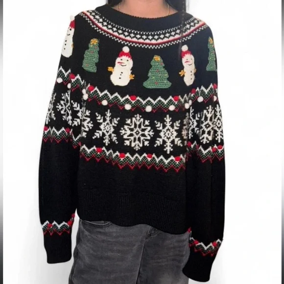Zara Christmas Snowman Tree Knit Sweater Pullover Holiday Sweater Size Small - Picture 3 of 6